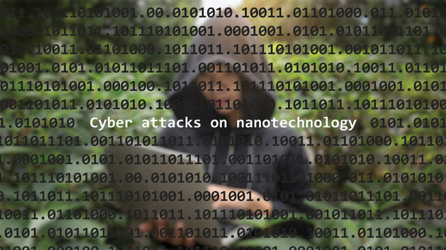 Cyber attack cyber attacks on nanotechnology text in foreground screen, anonymous hacker hidden with hoodie in the blurred background. Vulnerability text in binary system code on editor program.