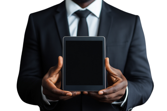 Businessman in formal suit presents a tablet screen isolated on white background, close up. - Powered by Adobe