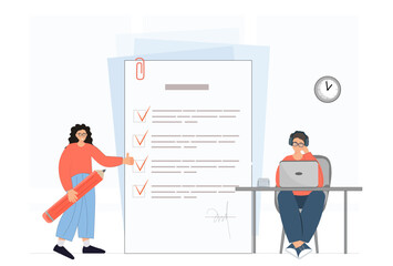 People working together, teamwork, filling the document, to do list concept, finishing work, flat vector illustration