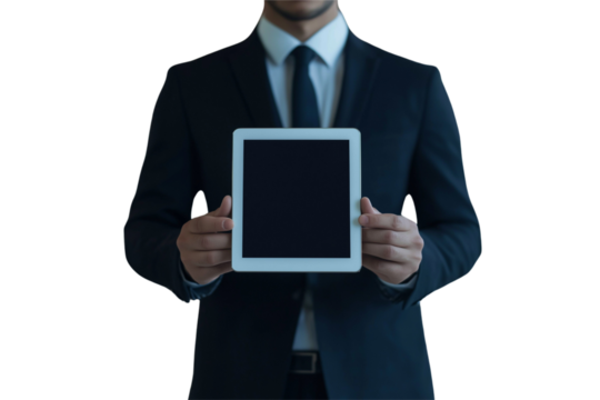 Businessman in formal suit presents a tablet screen isolated on white background, close up.