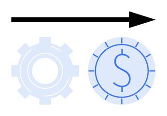 Gear and dollar coin linked by an arrow symbolize efficiency, productivity, monetization, profit growth, goal achievement, conversion, and business strategy. Ideal for process-oriented flat simple