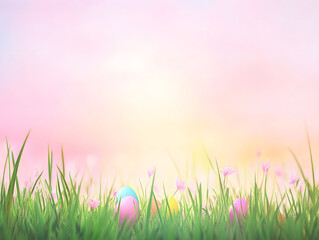 Fototapeta premium vibrant Easter scene featuring colorful eggs nestled in lush green grass, surrounded by delicate flowers under soft pastel sky. This serene setting evokes sense of joy and celebration