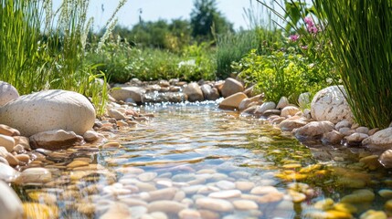 Fototapeta premium Serene Stream: A Tranquil Garden Oasis