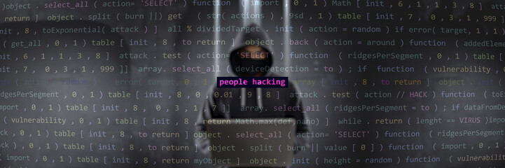 Cyber attack people hacking text in foreground screen, hacker hidden with hoodie in the blurred background. Vulnerability text in binary system ascii art style, code on editor screen. Text in English