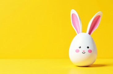 Obraz premium Festive Easter horizontal flyer, banner, header for website with white cracked egg and banny ears on a yellow background. Trendy Easter design with egg, bunny. Greeting card with text Happy Easter 