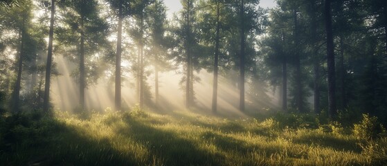 Obraz premium Sunbeams pierce misty forest, illuminating grassy glade