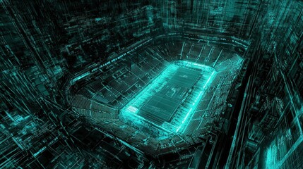 High-tech stadium, aerial view, digital overlay