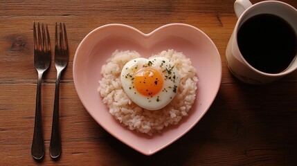 A heart-shaped plate of egg on rice, placed next to a coffee cup and other utensils, represents a feast for the soul filled with love, warmth and contentment.