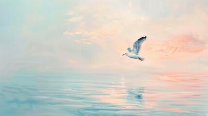 Obraz premium A seagull is flying over the water in a colorful sky