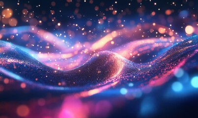 Abstract depiction of a swirling galaxy with glowing stars and vibrant cosmic dust illuminated by soft blue and purple light .