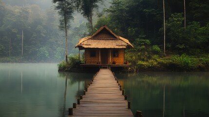 Obraz premium Secluded lakeside retreat offering tranquility and natural beauty in the jungle