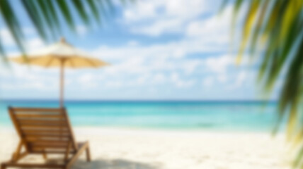 Obraz premium A beach lounge chair under palm trees with a blurred tropical ocean background. AI Generated Images.