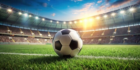 Soccer ball on green field with blurred stadium in the background, surrounded by tall trees and lush grass, nature scenery, green field