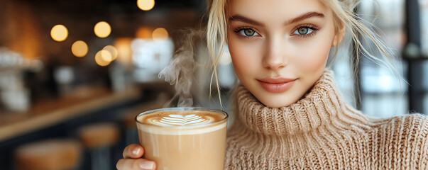 Beautiful young woman in a cozy knit turtleneck sweater enjoys a steaming latte with latte art in a trendy cafe.