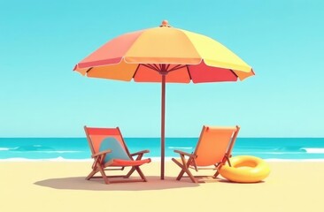 Beach umbrella with chairs, inflatable ring on beach sand. summer vacation concept.
