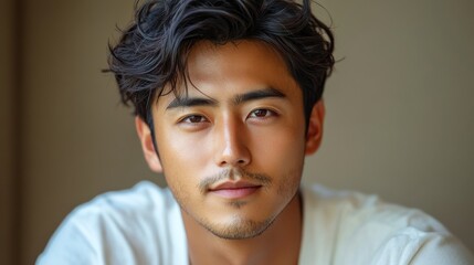 close up portrait of a asian young man wearing a white shirt looking thoughtful against a beige background his expression conveys contemplation and focus creating a serene and calm mood