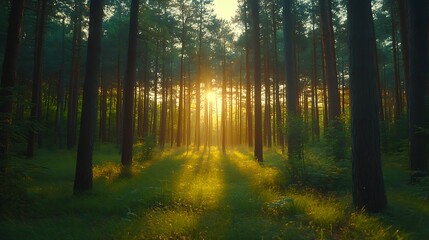 Obraz premium spring sunlight shining through green forest canopy highlighting tree branches natural light outdoor scenery forest growth leaves and peaceful tranquil landscape