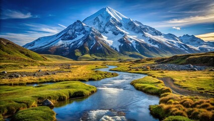 Fototapeta premium Mountain Landscape with Snow-Capped Peak and Meandering Stream