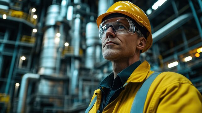 Oil processing plant with refinery towers, engineer in safety gear providing instructions, background softly blurred