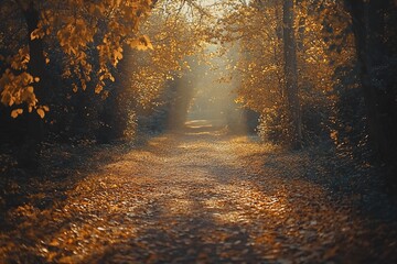 Fototapeta premium Sunlit Autumn Path Through Golden Forest