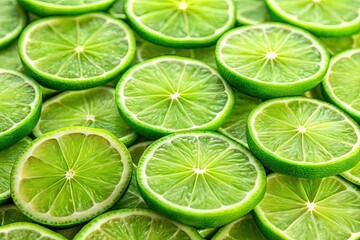 Detailed citrus texture showcased in a high-resolution close-up photo of vibrant green lime slices, forming a striking pattern.
