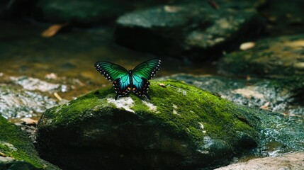 A butterfly with iridescent green wings resting on a mossy rock in a dense rainforest.