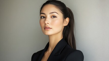 Obraz premium Portrait of a poised businesswoman with long hair tied in a ponytail, minimalist makeup, and corporate attire
