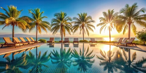 Elegant resort poolside setting featuring stylish sun loungers and vibrant palm trees against a backdrop of clear blue sky and warm sunlight on the water, Clear Sky, Serene Escape
