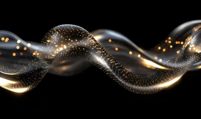 Curved metallic structure with lights against a dark abstract background.