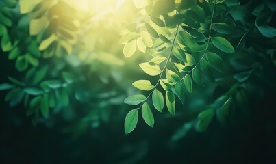 Artistic pattern of green leaves overlaid with a vibrant gradient of sunlight filtering through, evoking nature's beauty