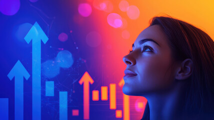 Active Investment Vision. A woman gazes upward, surrounded by vibrant colors and upward-trending graphics, symbolizing growth, aspiration, and market potential.