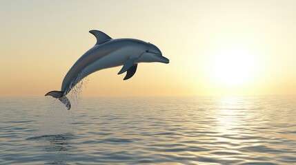 A dolphin jumping in front of a breathtaking sunset, casting long shadows on the water.