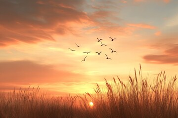 Fototapeta premium A beautiful scene depicting birds flying gracefully in the soft glow of a sunset, evoking feelings of peace and the splendor of nature's beauty.