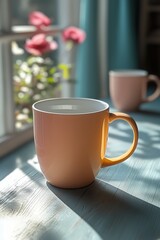Soft morning light highlights a pastel coffee mug..