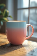 Soft morning light highlights a pastel coffee mug..