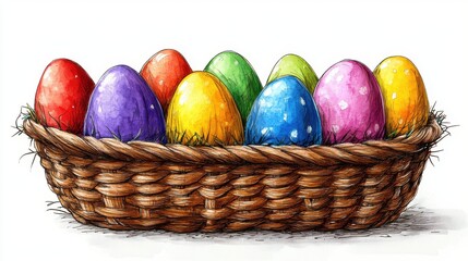 colorful easter eggs with wicker basket isolated,cartoon illustration style