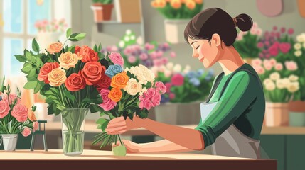 Florist preparing flowers in flower shop, creative, artistic, with fresh roses
