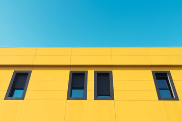 MOdenr architecture. Close up of ayellow building with blue sky