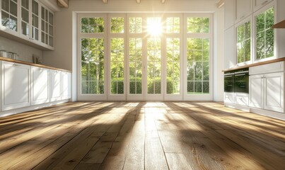 Fototapeta premium Bright and airy kitchen with wooden flooring, white cabinets, and sunlight streaming through large windows creating a modern and inviting ambiance