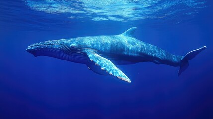 Fototapeta premium A giant blue whale gliding through the ocean depths, its immense body dwarfing the surrounding waters.