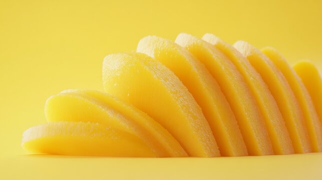 Ripe mango sliced in a fan on light yellow background, juicy and tropical, simple and vibrant, ultra-detailed, 8k