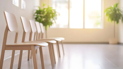 Fototapeta premium Bright waiting area with wooden chairs and indoor plants, creating calm atmosphere. Ideal for relaxation and comfort while waiting