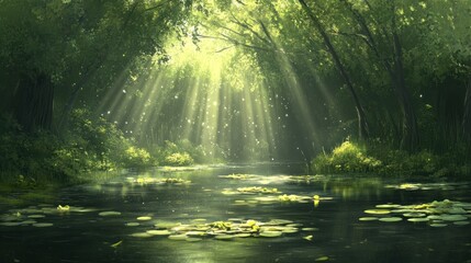 Obraz premium Enchanted Forest River: Sunbeams Dance on Lily Pads