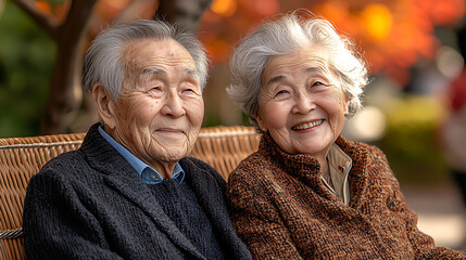 A heartwarming portrait of an elderly Asian couple, radiating joy and contentment.  Their genuine smiles and close proximity convey a deep bond and enduring love.