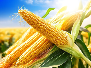 Vibrant cornfield with golden corn ears basking in sunlight, showcasing beauty of agriculture and nature bounty