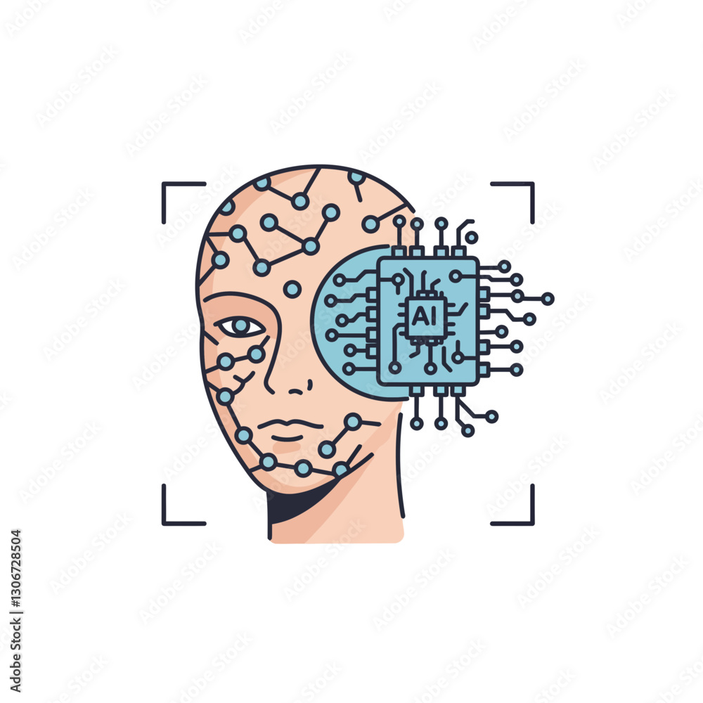 Poster ai integration: the fusion of artificial intelligence and human features is represented in a graphic