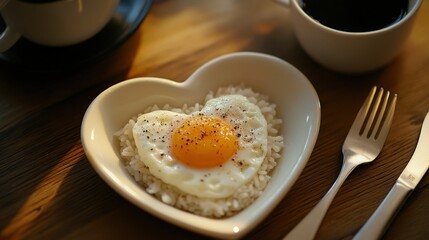 Today, a heart-shaped plate of egg on rice, with a coffee cup and utensils beside it, represents the nurturing of the soul, awaiting the first bite