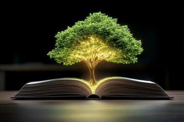 Illuminated Tree Growing from Open Book Symbolizing Knowledge and Growth