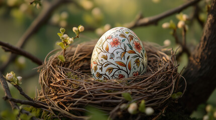 Obraz premium Colorful Easter egg resting in a nest, celebration of spring