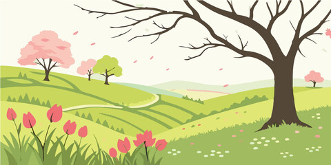Hil scenery , beautiful flower trees and the sunrise vector art illustration